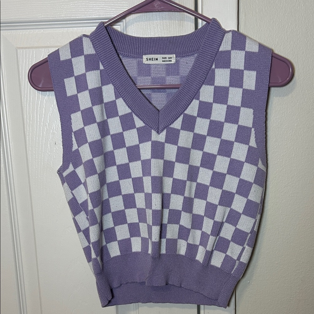 SHEIN Lavender and White Checkered Knit Vest